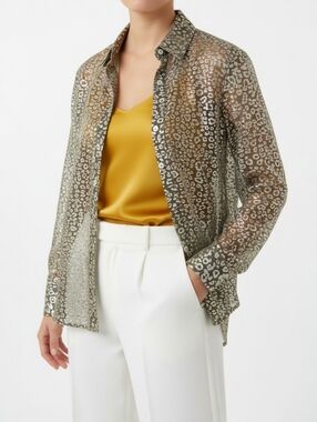 Equipment Metallic Gold Leopard Print Silk Blend Blouse XS Sheer Button Up